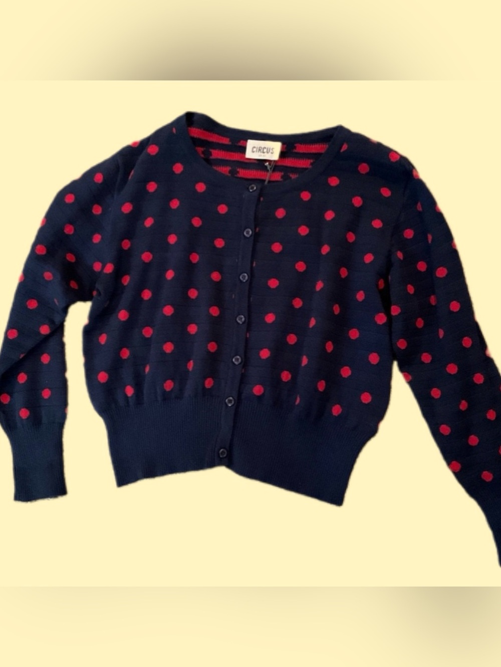 NWT~Vintage Inspired Navy Cardigan Sweater with Red Polka Dots, UK XL-Import!🍒